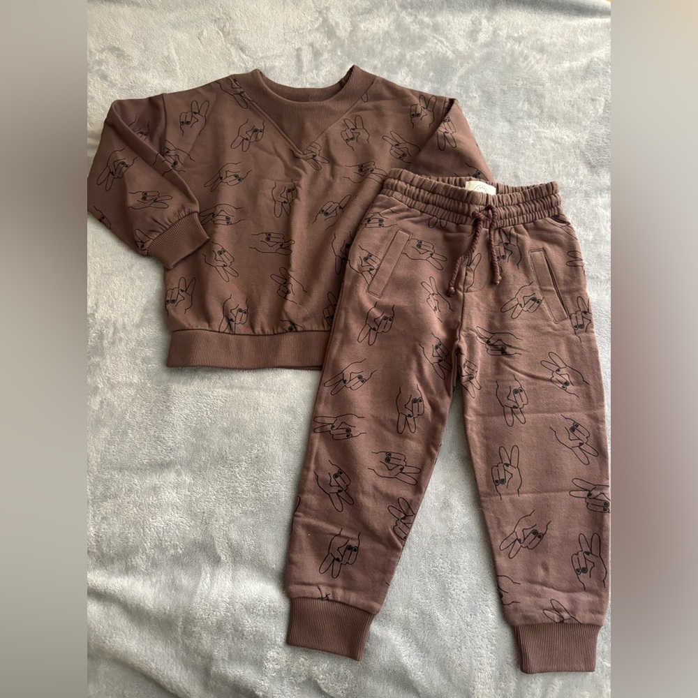 Brown Bunny Print Sweatshirt and Pants Set